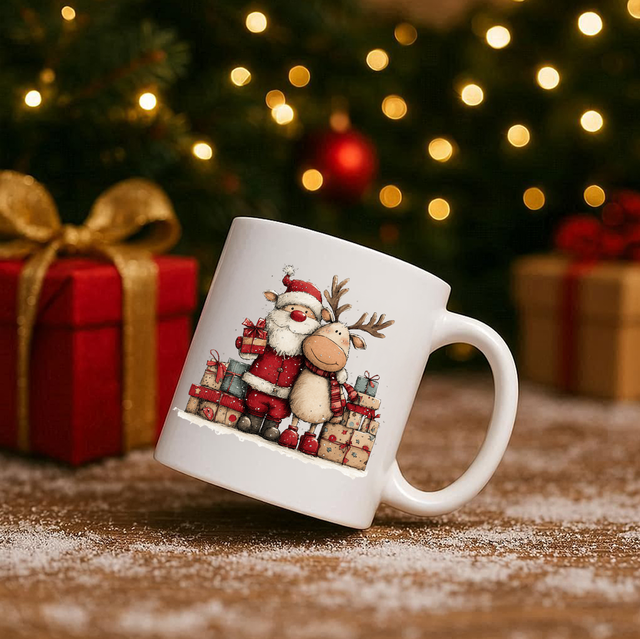 Vintage Santa & Reindeer 11oz Ceramic Printed Mug Design 7