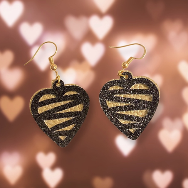 Gold &amp; Black Faux Leather Heart Earrings 