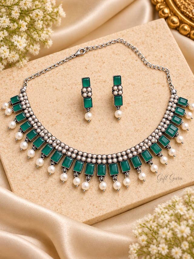 Antique green stone necklace in silver tone with pearls  jaipur theme