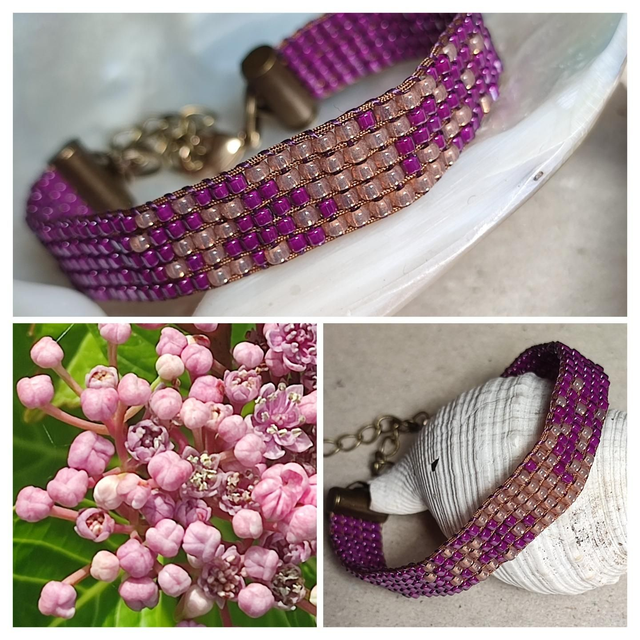 Bracelet tissé main violine et crème réglable avec chaîne d'extension pièce unique 🥂