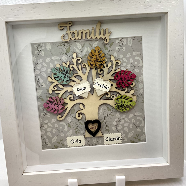Wooden Family tree with colourful wooden leaves. Personalised.