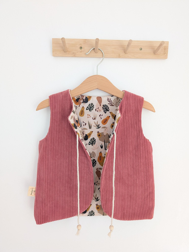 Gilet réversible pour enfant en velours vieux rose – Intérieur coton Oeko-Tex, fabriqué en France