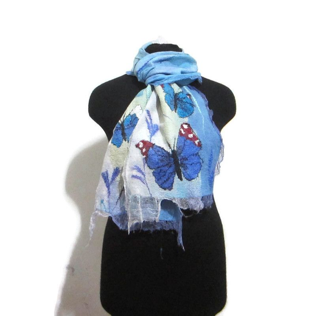 Sciarpa feltro lana merino seta Sciarpa artistica caldo lunga blu Infeltrimento fatto a mano