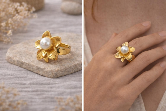 Bague réglable fleur en acier inoxydable 316L – Perle fantaisie blanc nacré