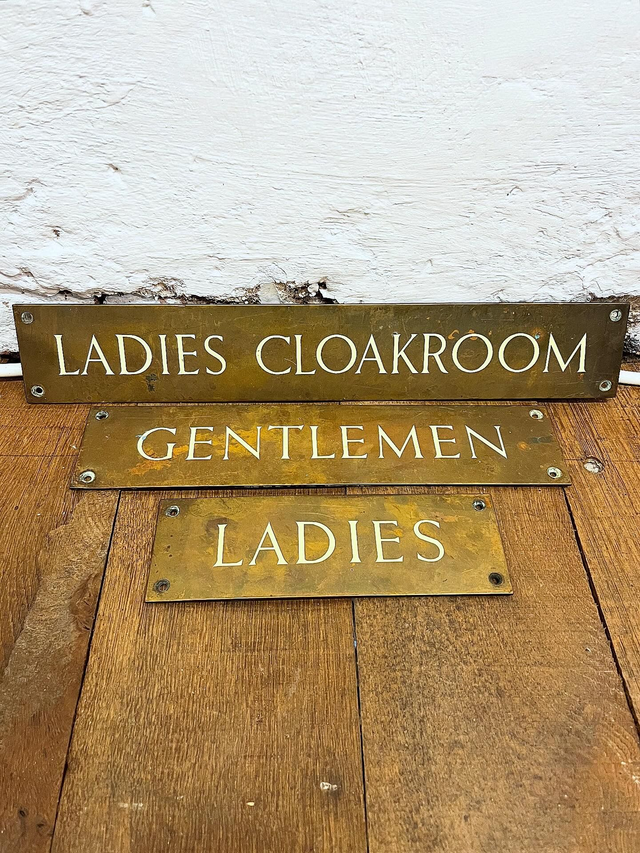 Original Victorian Early 20th Century Bronze Enamel Railway Cloakroom & Lavatory Signs — Set of Three