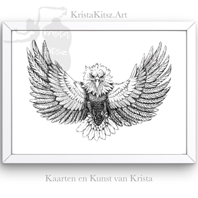 Adelaar met wijdverspreide vleugels, mooie print van potloodtekening Krista Kitsz 