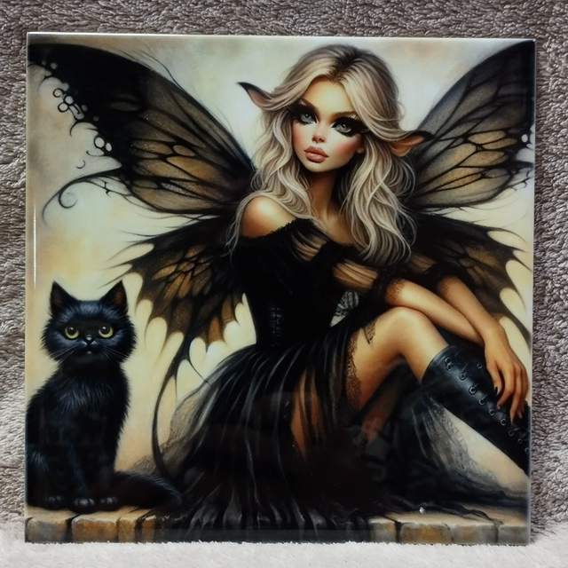 Fée noire et chat à gauche