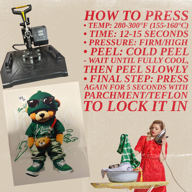 Green outfit, teddy bear DTF print