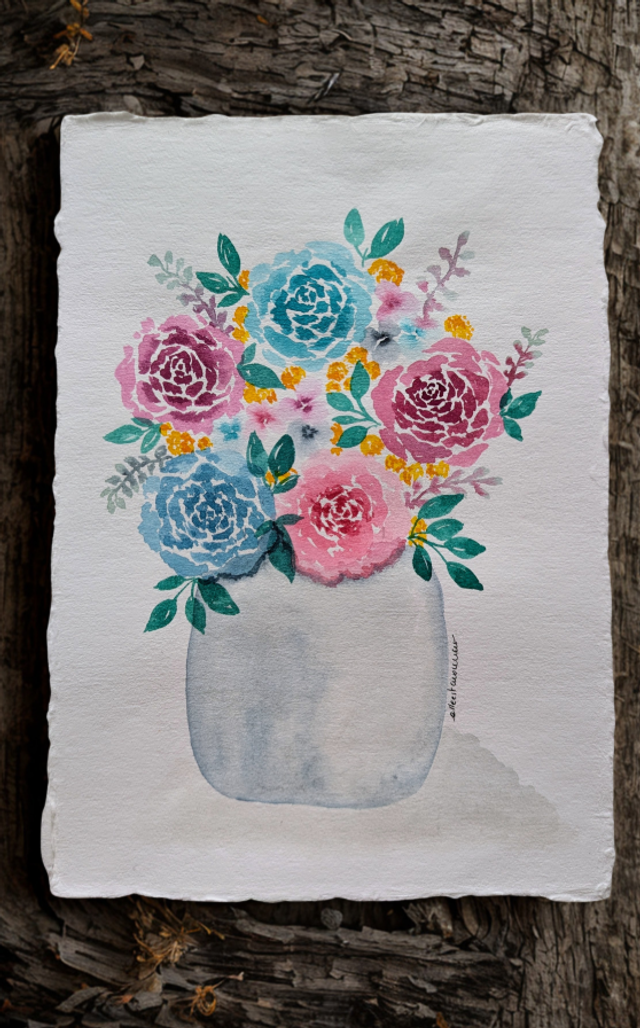 Roses en vase - Aquarelle originale A4