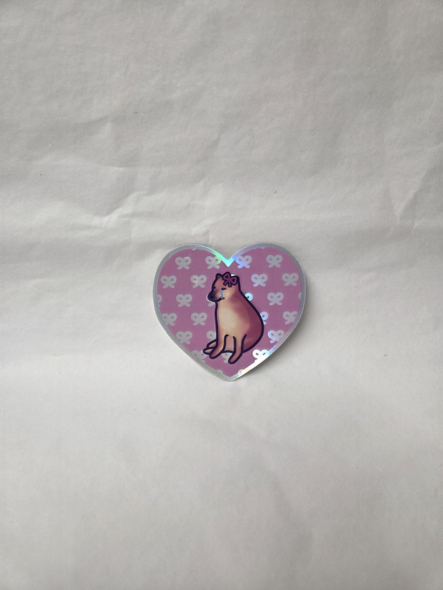 Sad Doge With Bows Holographic Heart Shaped Sticker - ST-039