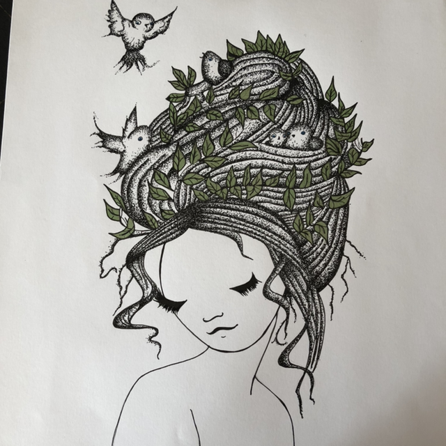 coiffure oiseaux - 30 x 40 cm - encadrement 