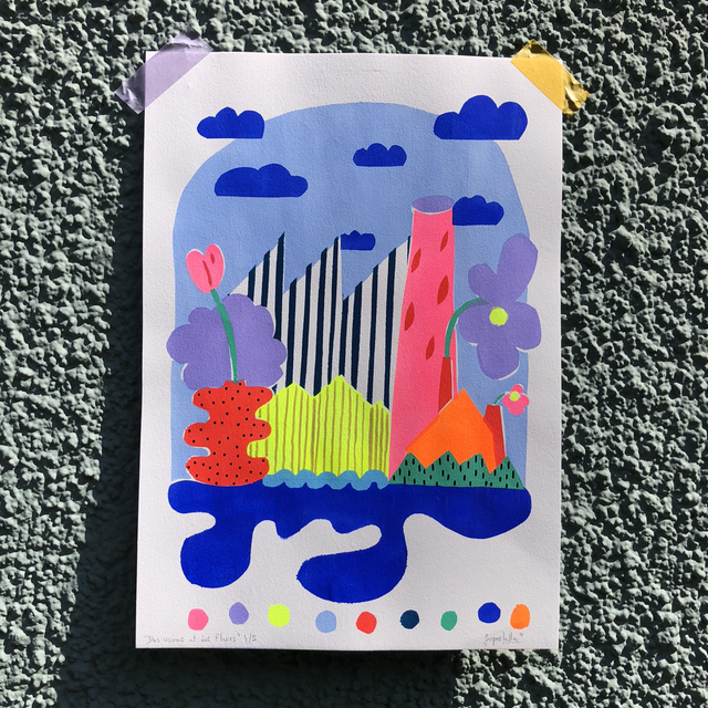 « Des usines et des fleurs » - Sérigraphie aux pochoirs A3