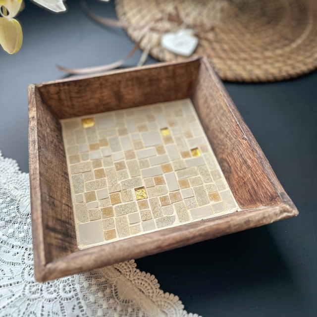 Plateau HELIOS - mosaïque en grès cérame &amp; verre doré, pièce artisanale solaire