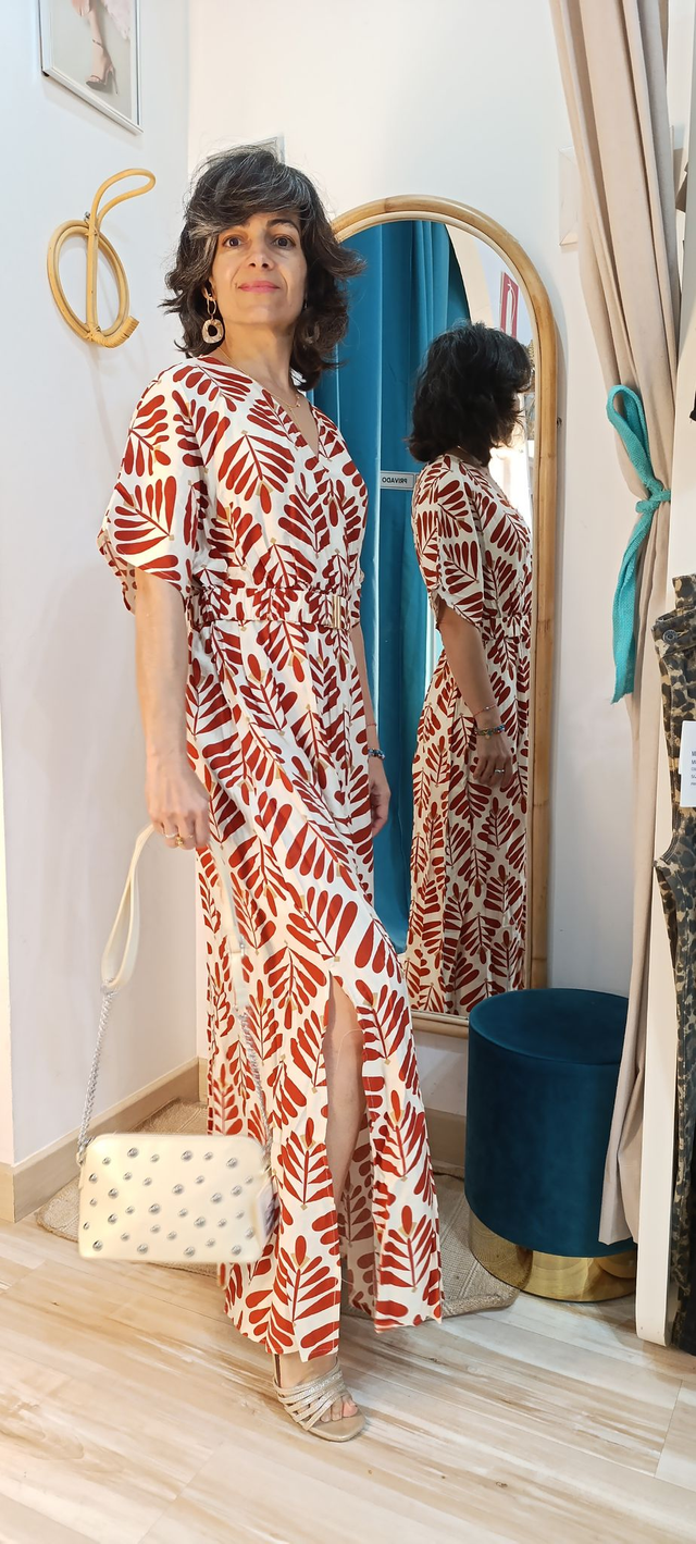 Vestido hojas granate y beige 
