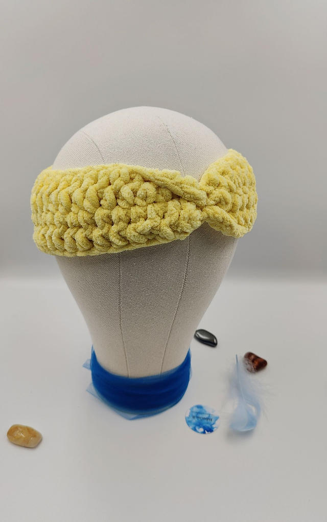 Bandeau de tête jaune aspect velours fil scintillant fait au crochet, bandeau de cheveux