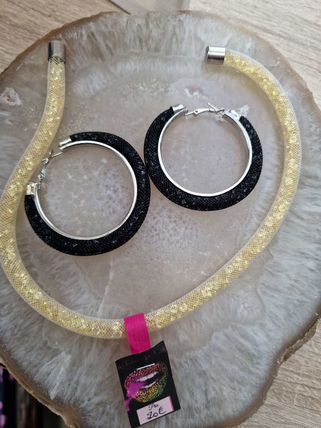 Parure Créoles Cristal Noir Collier Ras De Cou Cristal Champagne