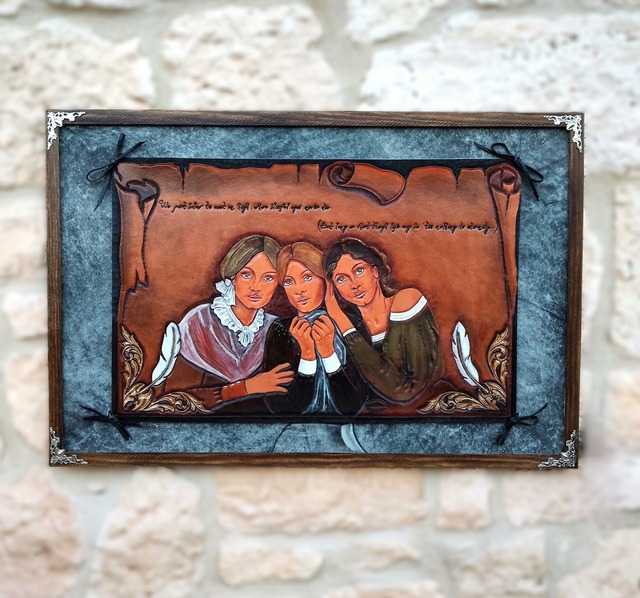 Les soeurs Brontë, tableau en cuir repoussé