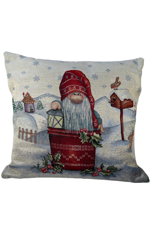 Coussin Gnome d’Hiver en Jacquard – 43×43 cm