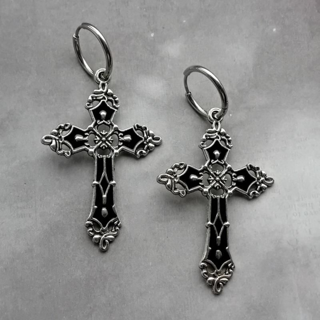 Black Filigree Cross Hoop Earrings 