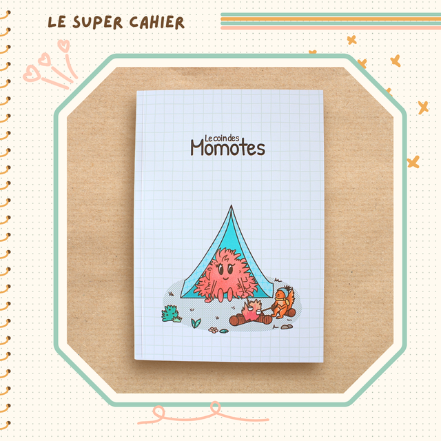 Carnet A5 illustré - Momote en camping fond carreaux verts