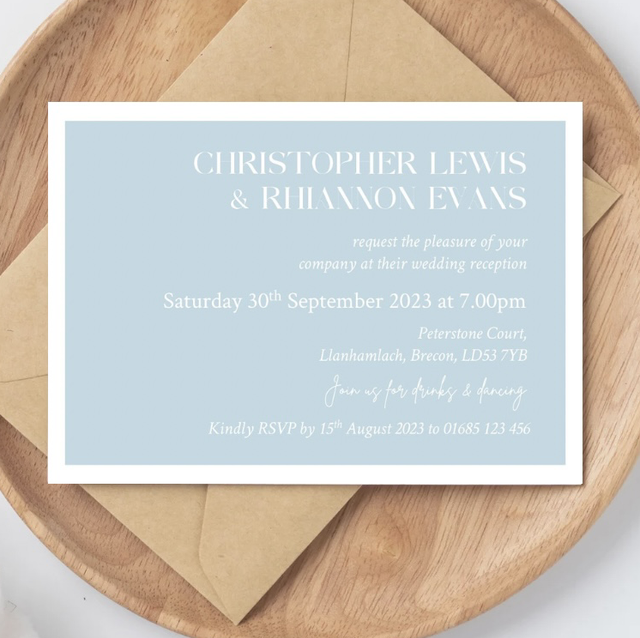 Pack of A6 evening invitations - modern pale blue and white minimalist classic design