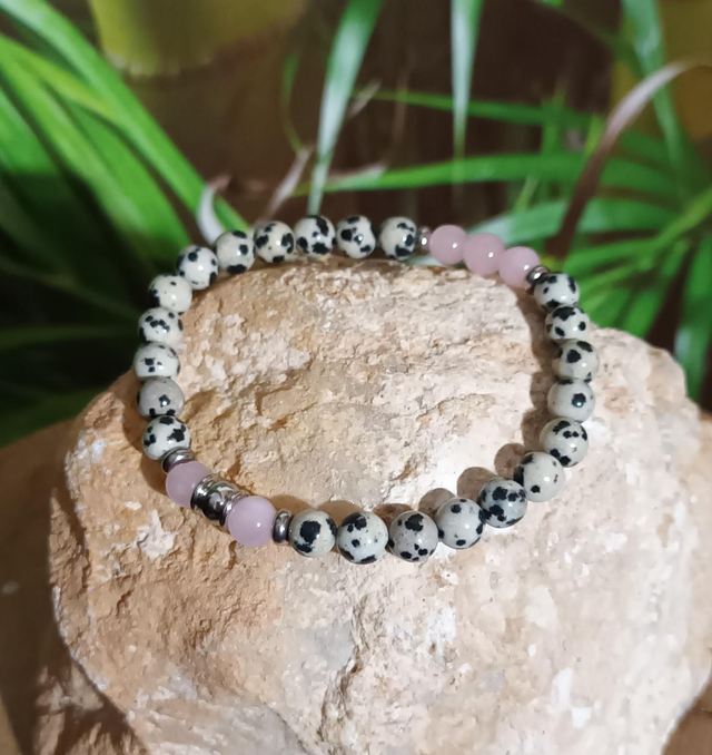 Bracelet en jaspe dalmatien et quartz rose