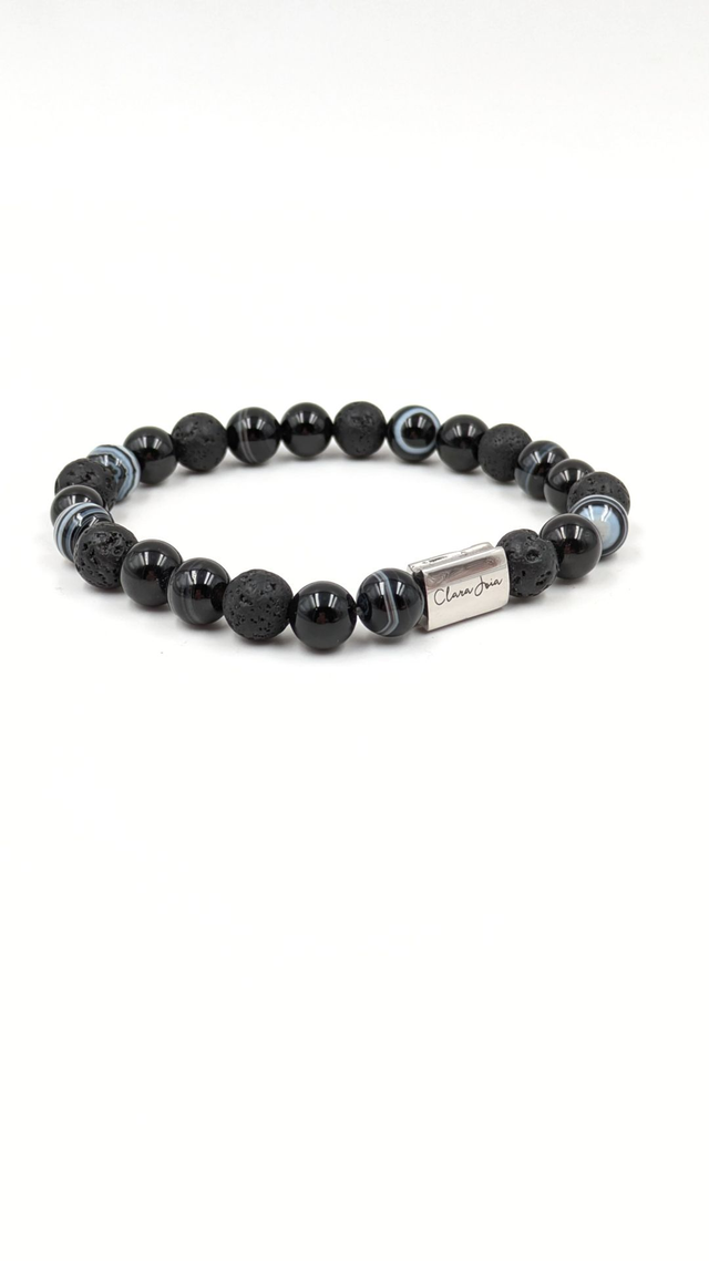 🌑 Bracelet Agate Noire, Onyx &amp; Pierre de Lave – Force &amp; Équilibre