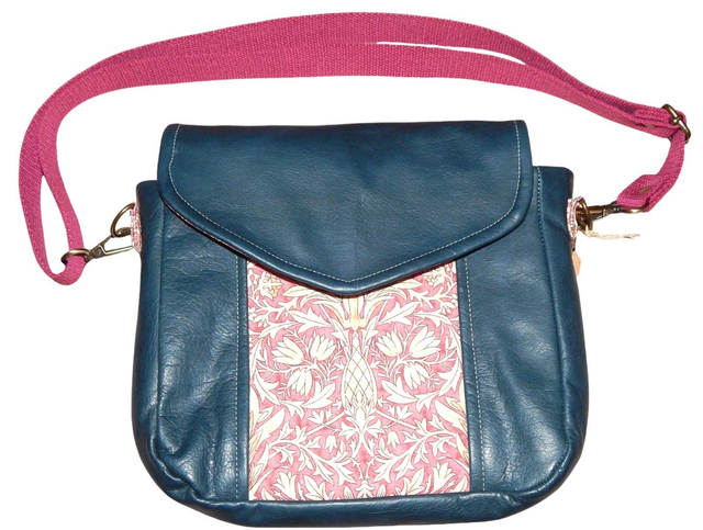 Green Leather Cross Body Bag With Pink William Morris Panel