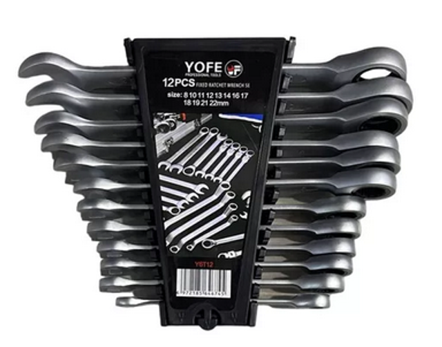 Juego De Llaves Punta Corona Chicharra Rachet 12 Piezas Yofe Color Plateado 5.0