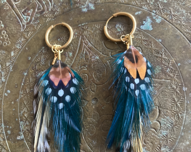 Boucle d’oreille créoles plumes bleu /vert et 
