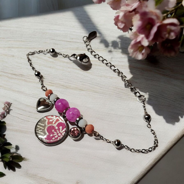 bracelet acier inoxydable motifs japonais rose et argenté