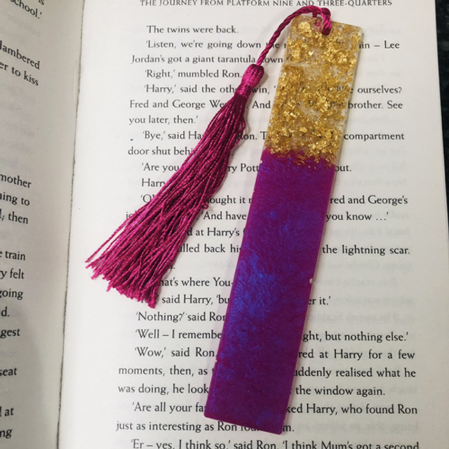 Pink and Gold Leaf Resin Bookmark with tassel