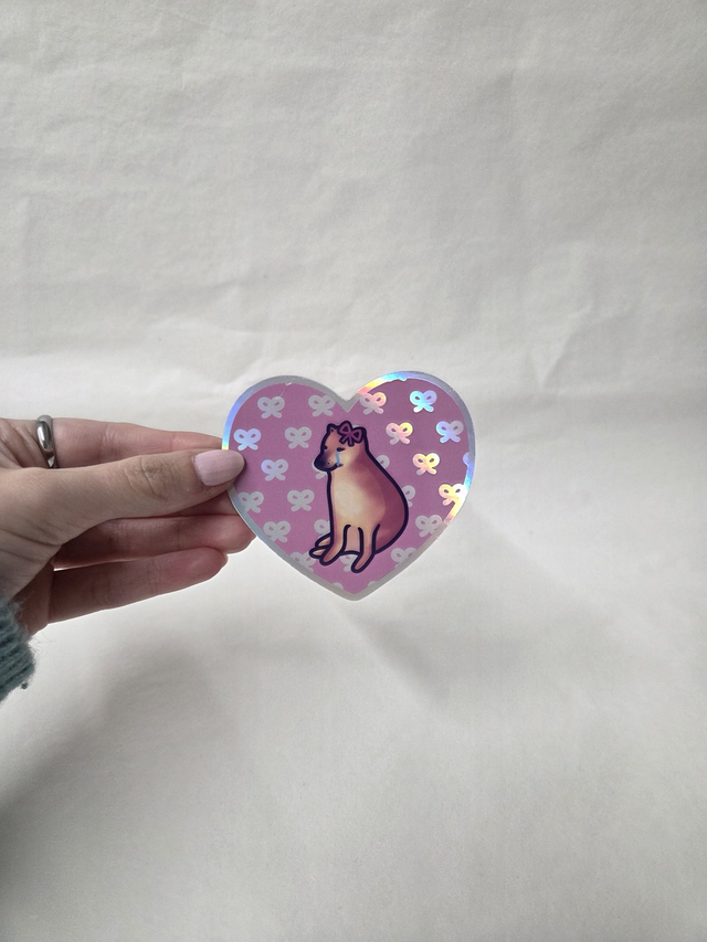 Sad Doge With Bows Holographic Heart Shaped Sticker - ST-039