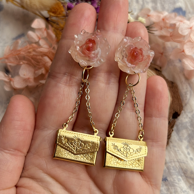 Dew Drop Roses and Love Letter Earrings - Pink and Gold - Valentine’s Day Collection