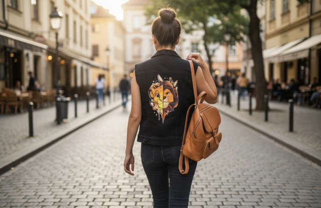 Veste en jean sans manches customisée le roi lion 34/36