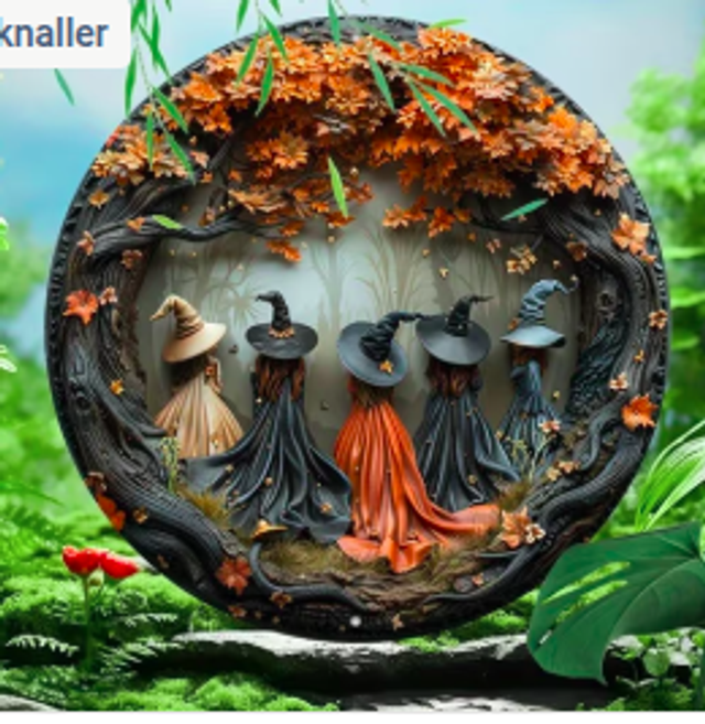 Wanddecoratie metalen bord Vijf Heksen (20cm diameter)