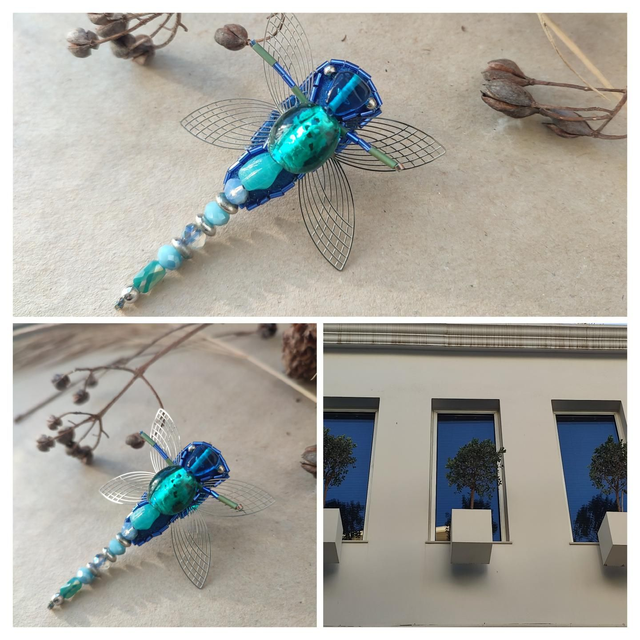 Broche libellule turquoise et argent tissée main en perles de verre, pièce unique 
