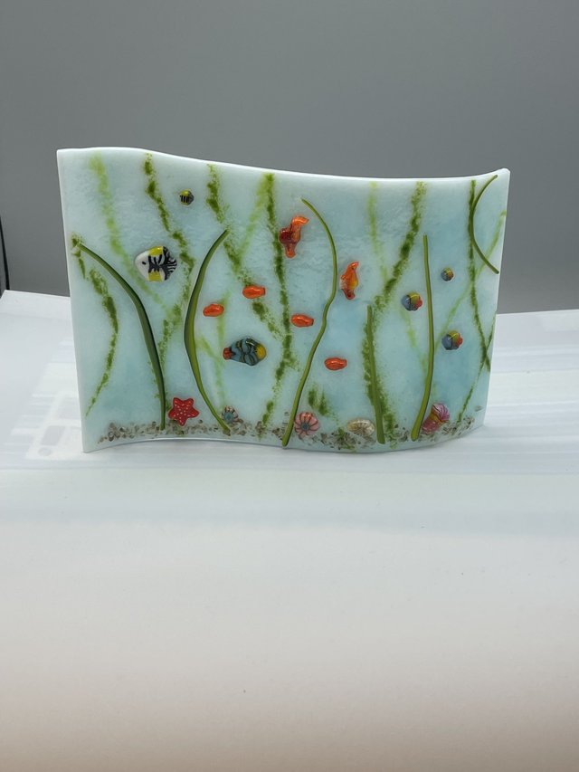Underwater Tropical Fish Fused Glass Scene on White Opal Glass