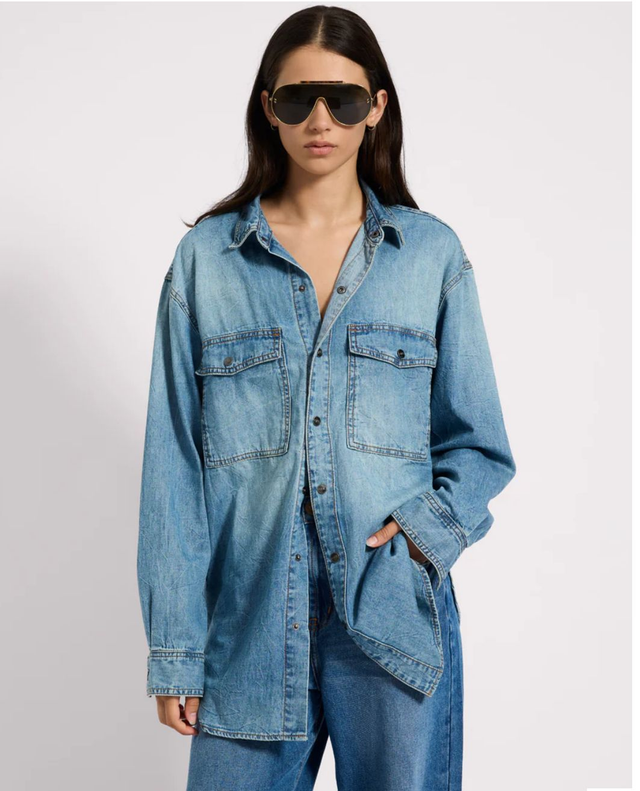 Blue Washed Oversize Longline Denim Shirt