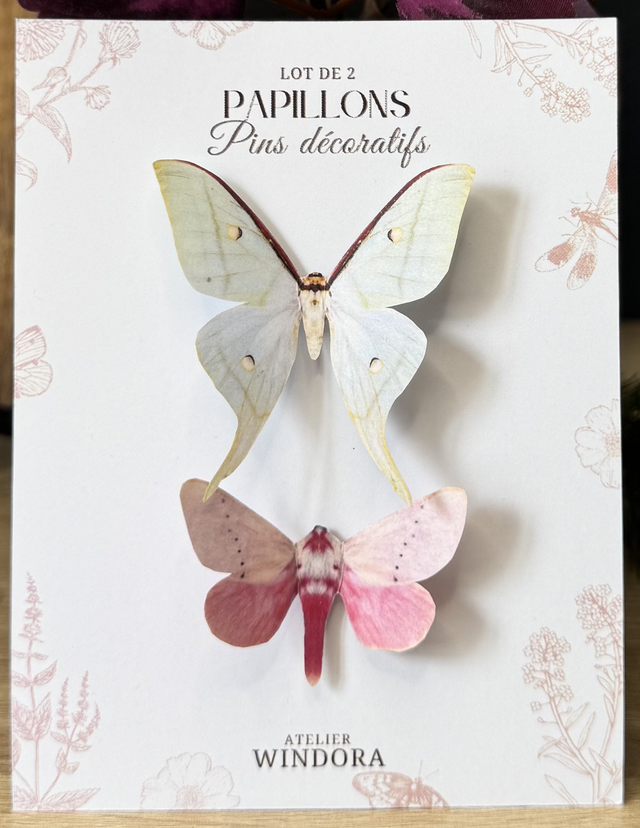 Lot de 2 Pins Papillons Vert-Rose | Décoration de rideaux