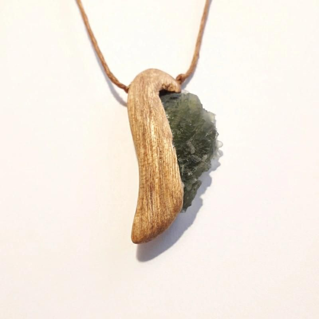 Moldavite Angelwing Necklace with Hand Carved Palo Santo Wood 