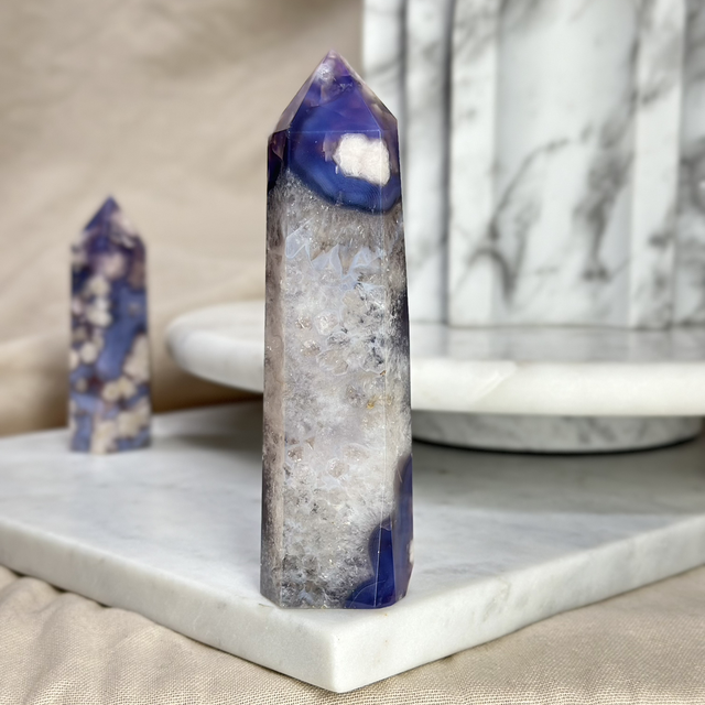 Blue Flower Agate Tower with Quartz (High Quality) B