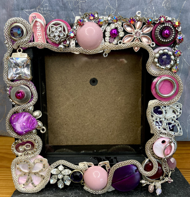 Unique Jewelled Pink Picture Frame Handcrafted with repurposed jewellery 
