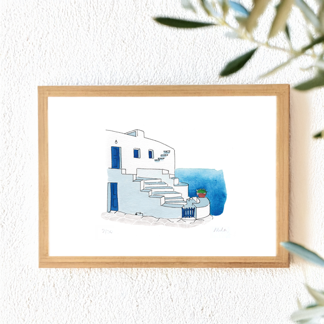 Signed Watercolor of Sifnos Blue House – Limited Edition Art Print – Hand-Framed Wall Decor – Greek Island Home Gift
