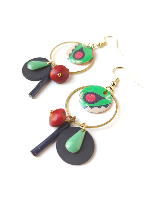 Créoles Upcyclées en Carte de Tarot, Chambre à air de tracteur et Perles Recyclées - Goyaves