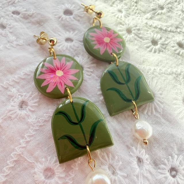 Olive Green Pink Floral Pearl Drop Dangly Earrings