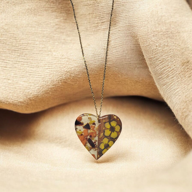 Collier dessiné Flora acier inoxydable jaune marron bi matière