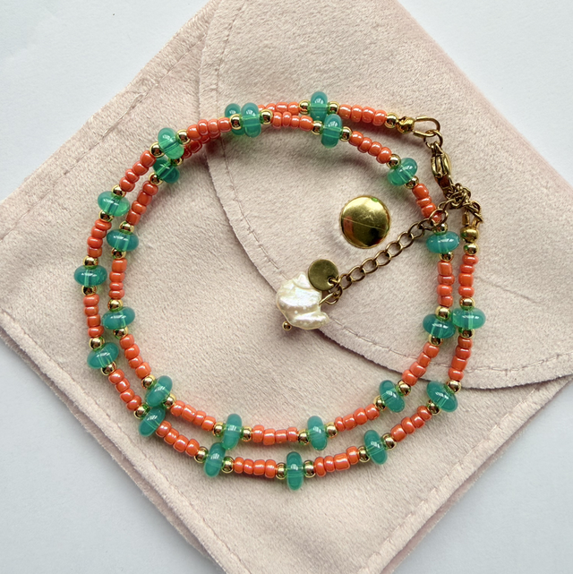 NALA - Coral Orange & Turquoise Beaded Choker Style Necklace