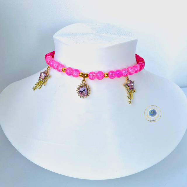 Handgemaakte Roze Ketting met Glaskralen & Kristallen Bedels