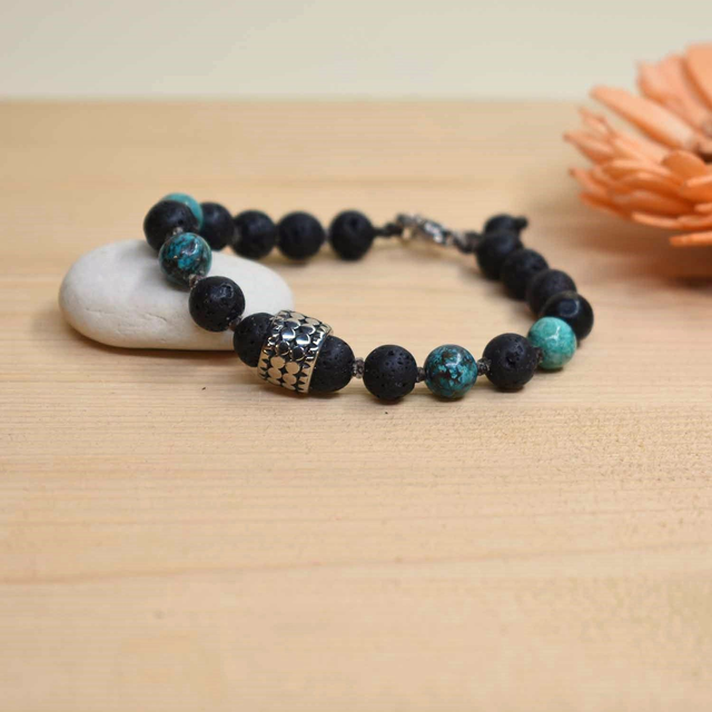 Bracelet homme grande roue à points en acier, pierre de lave et chrysocolle